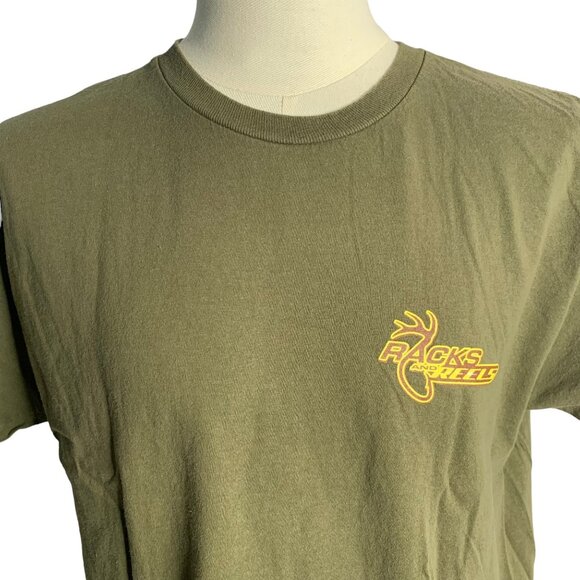 Racks Reels Crewneck Short Sleeve T Shirt L Green Double Sided Graphic Hunting - Picture 4 of 7